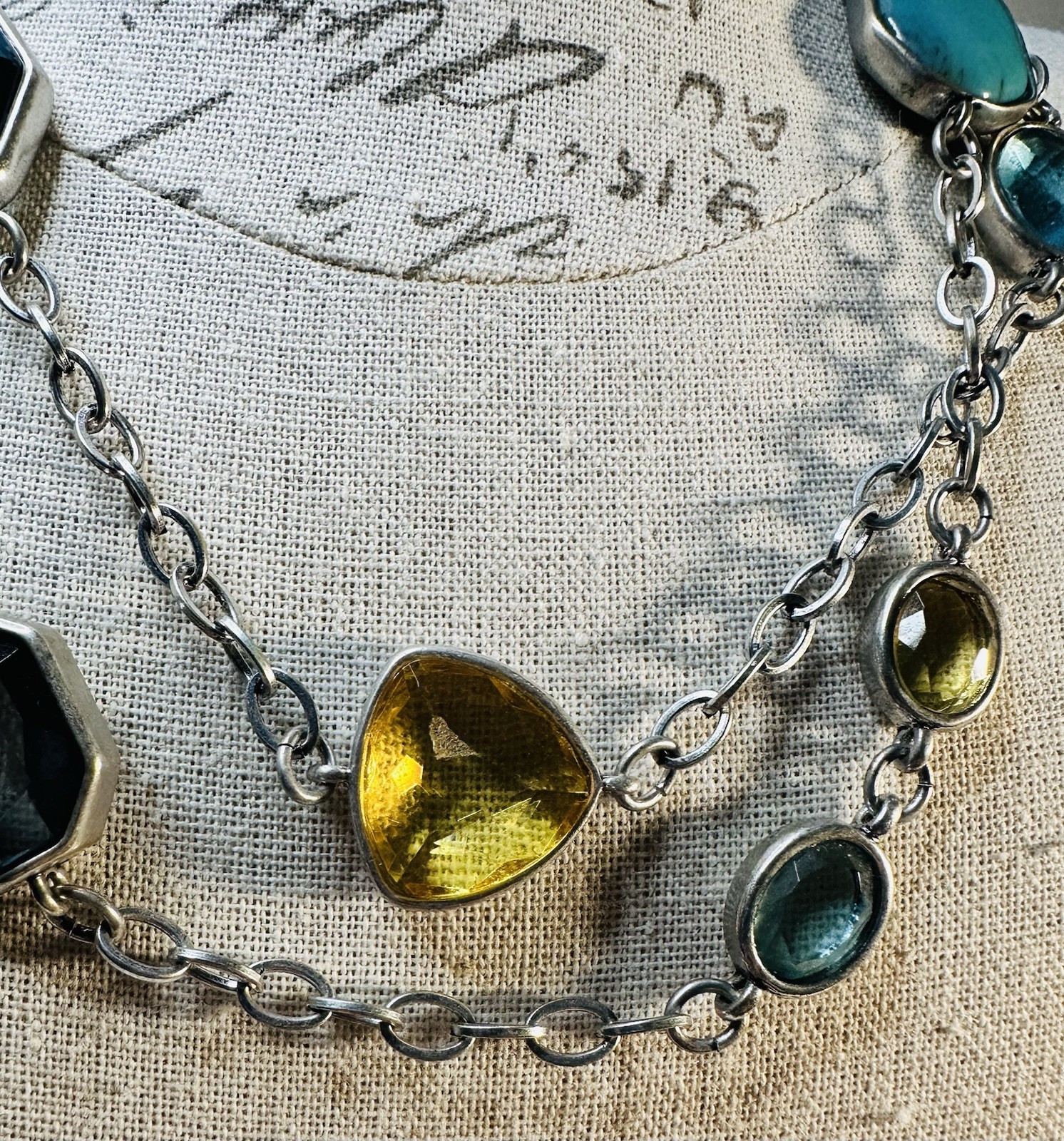Chico’s Signed Silver Tone Station Chain Necklace Multicolor Bezel Crystal