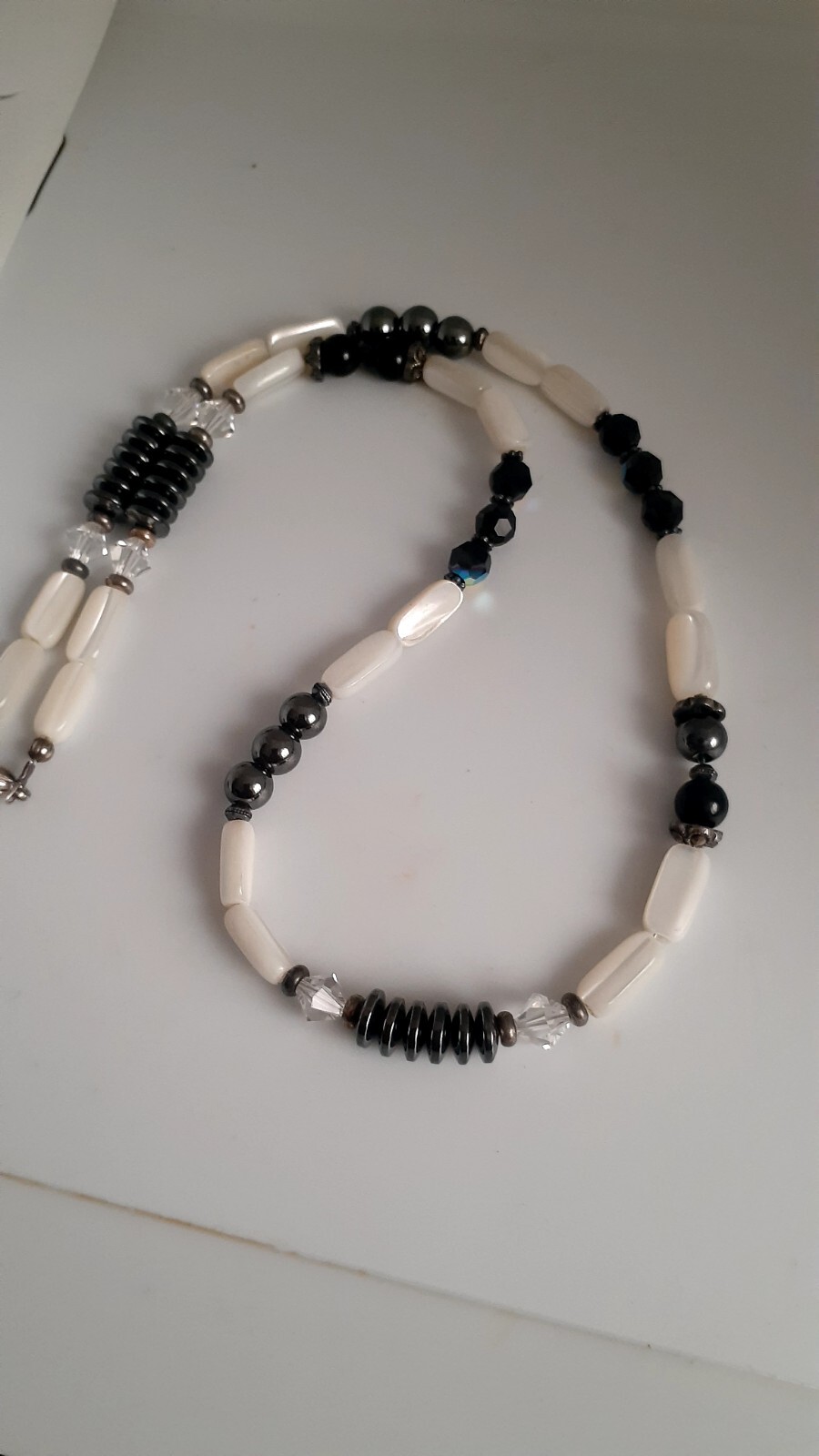 Mother of Pearl Hematite Clear & Black Stone Necklace. 18″