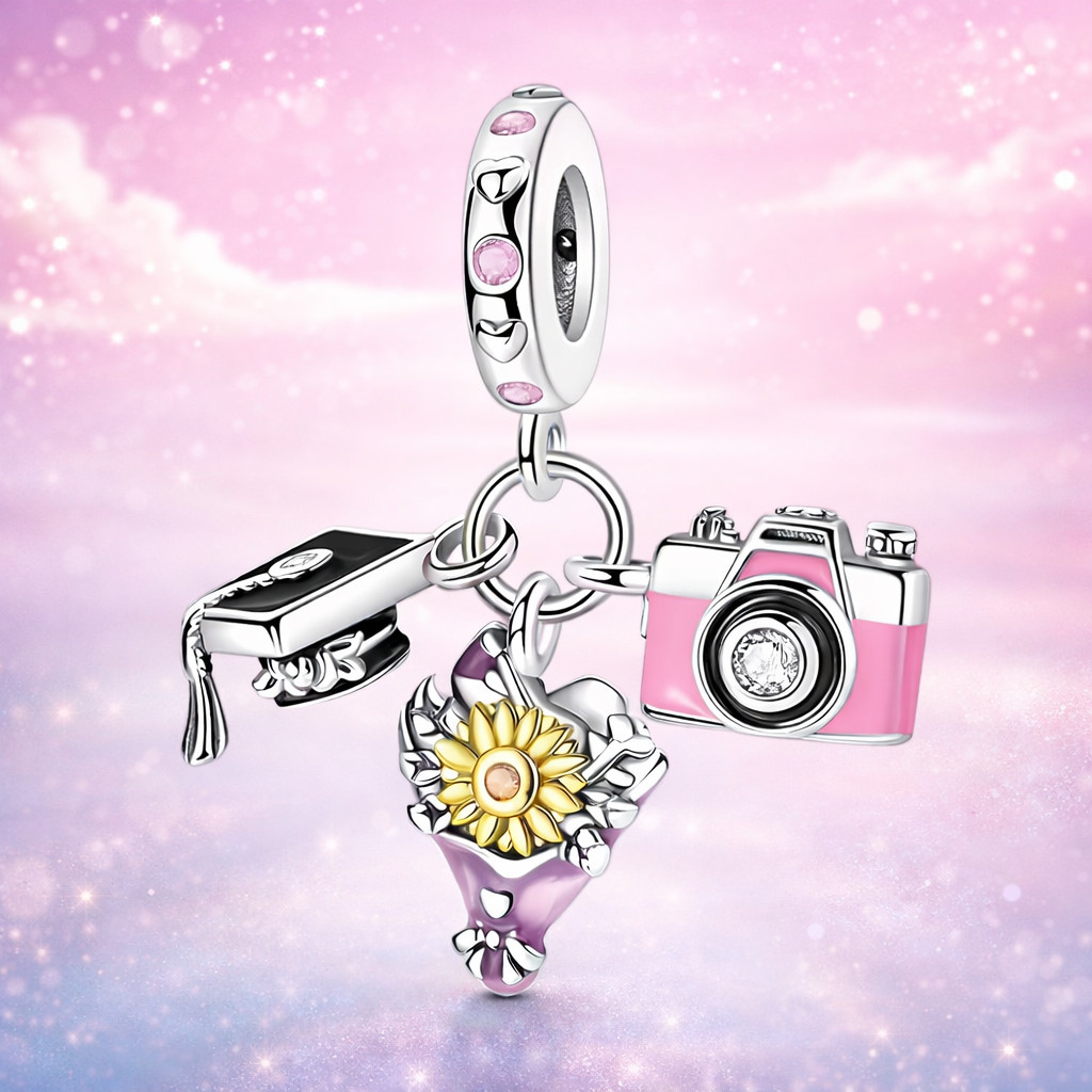 MariaFonte Charm Graduation Hat Flowers Photo Capture Life 925 Silver Compatible