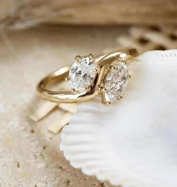 2Ct Marquise & Oval Cut Lab Created Diamond Toi Moi Ring 14K Yellow Gold Plated