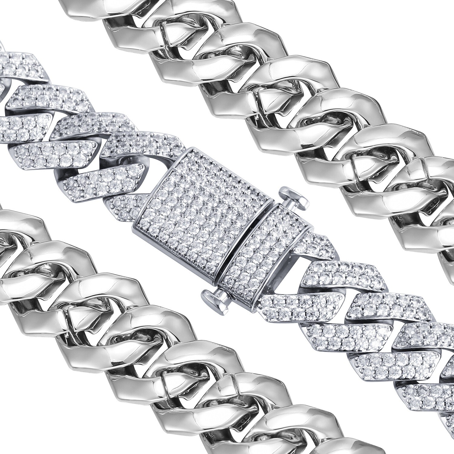 White Gold Plated Full Iced CZ Out Stainless Steel Mens Cuban Link Chain 15MM