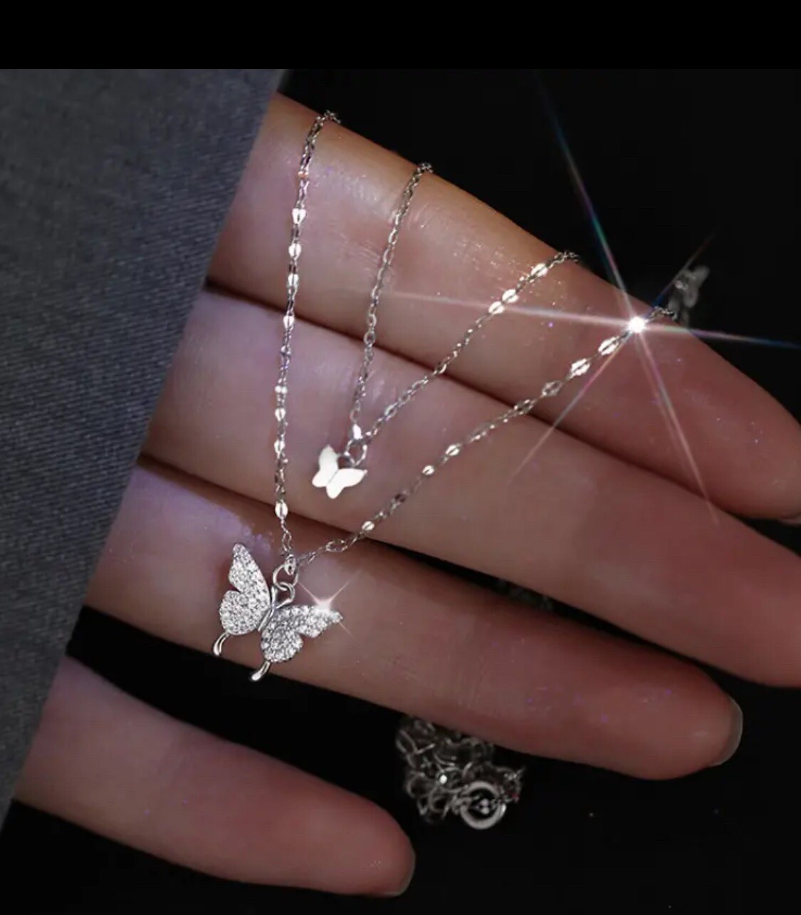 Sparkling Double Layer Butterfly Pendant Necklace Clavicle Chain Jewelry Fashion