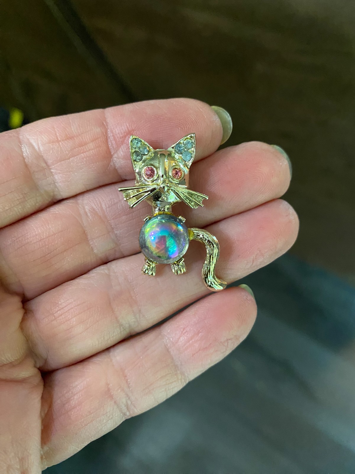 Vintage Jelly Belly Figural Cat Brooch Scatter Pin with Rhinestone Accent Ears