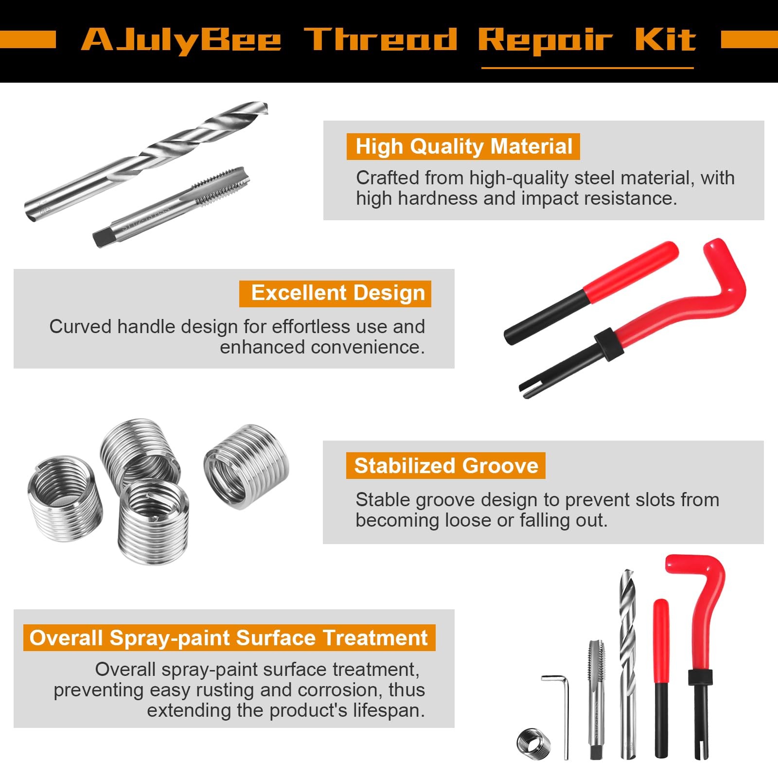 Ajulybee Helicoil Thread Repair Kit 261 Pcs Thread Chaser Kits Hss Drill