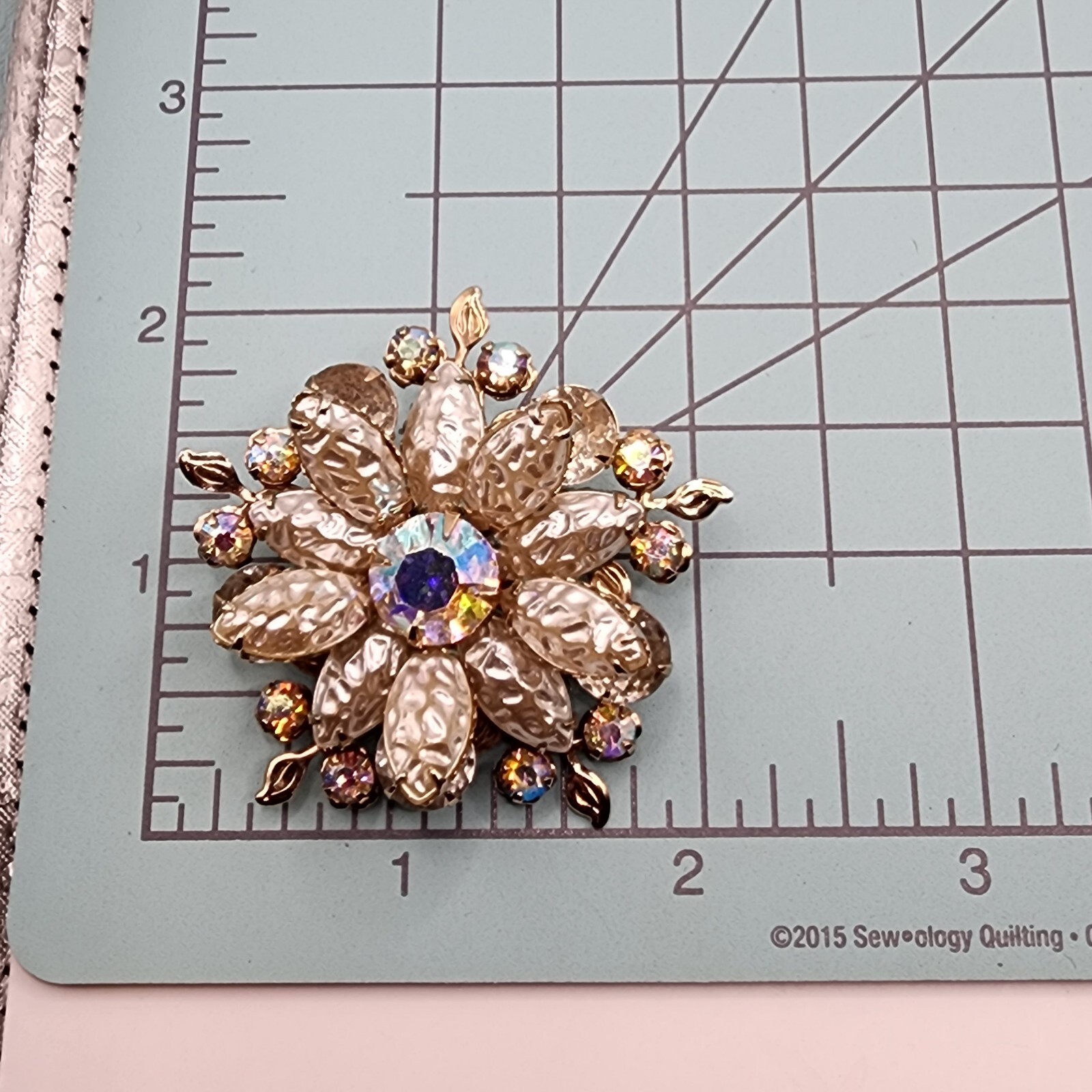 Vintage Molded Faux Pearl Rhinestone Brooch Judy Lee? Aurora Borealis
