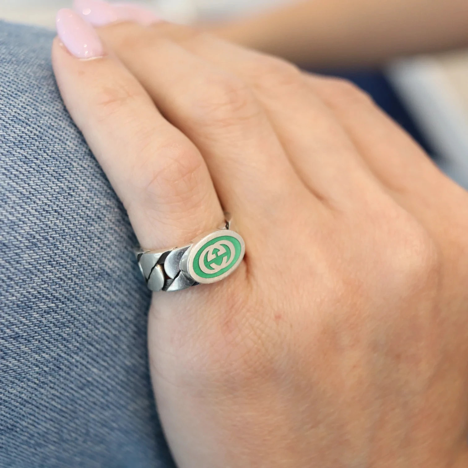 New Gucci Interlocking G Green Enamel Sterling Silver Ring Size IT14 US6.75