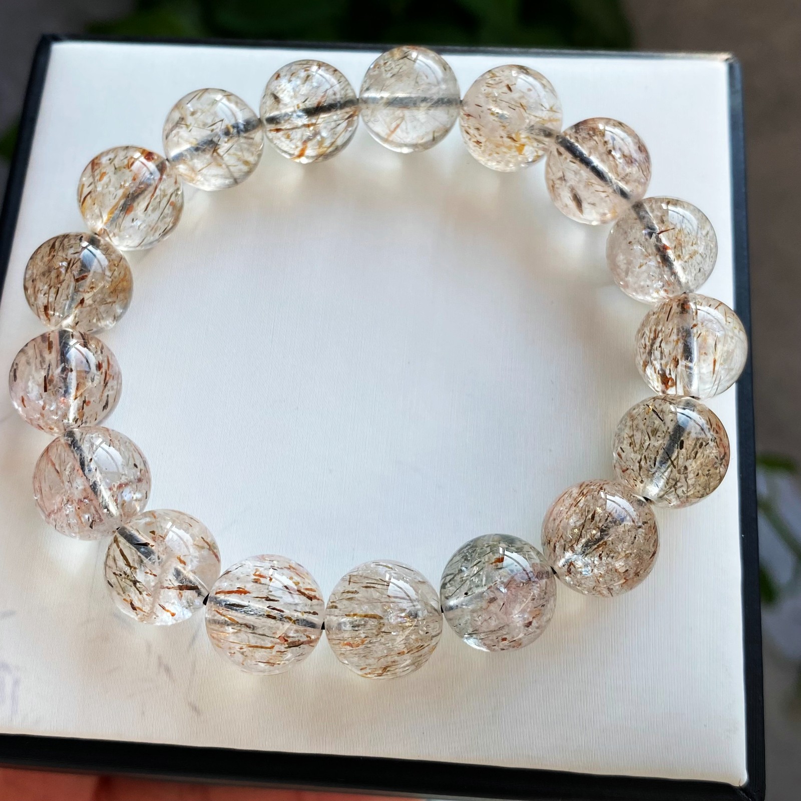 12.9mm Natural Black Gold Rutilated Super 7 Quartz Crystal Beads Bracelet 2571
