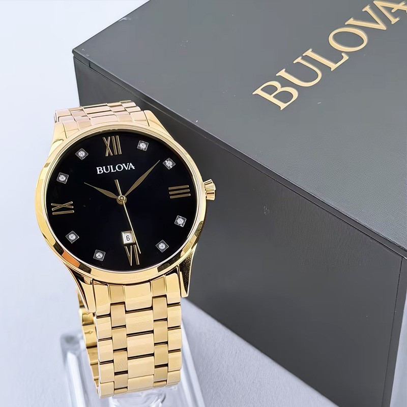 Bulova Men’s Classic 97D108 Diamond Black Dial Gold Bracelet Quartz Watch 40mm