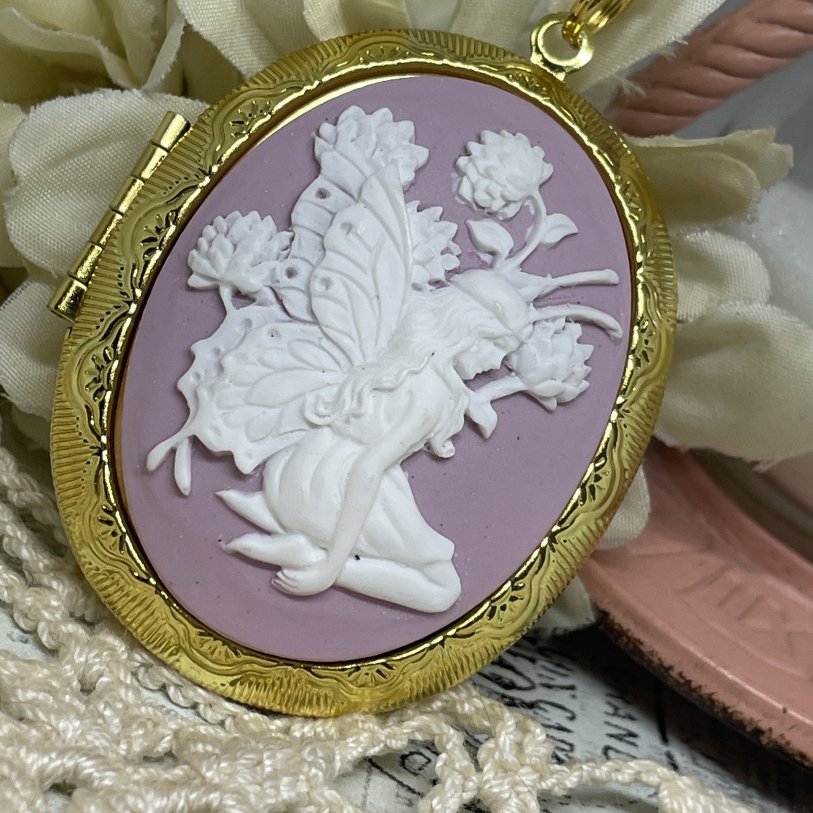 Birthday Gold Fairy Flower Butterfly Cameo Locket Necklace anniversary birthday
