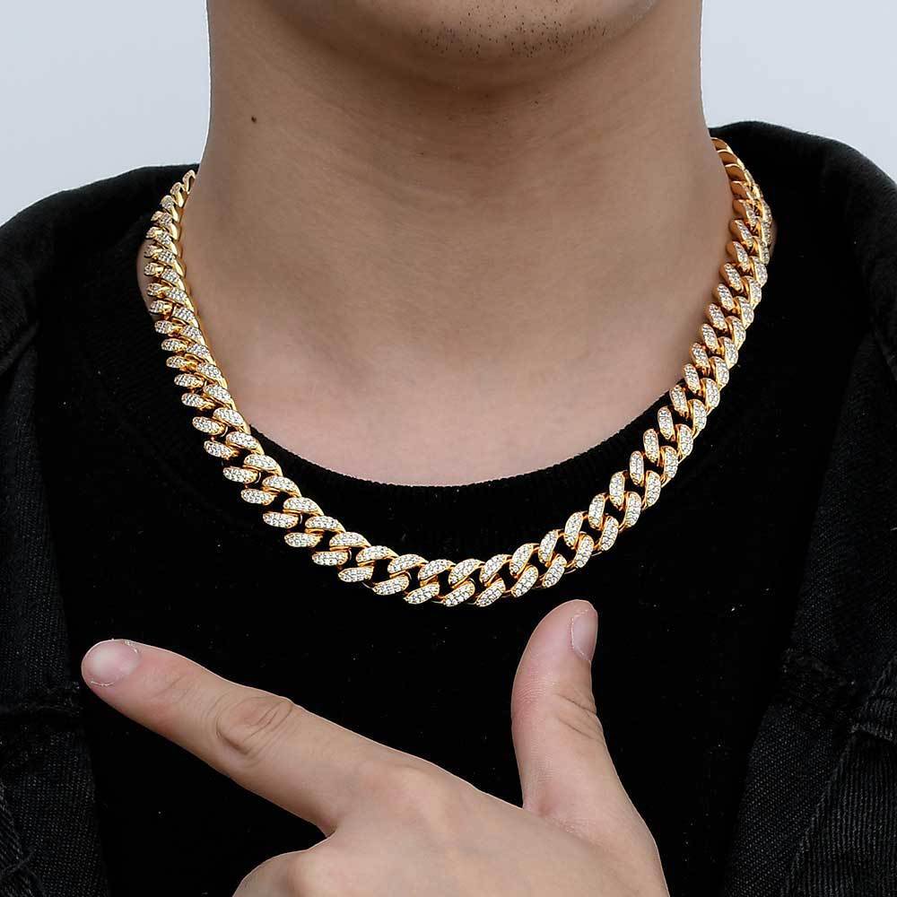 Hip Hop Iced CZ Out Cuban Chain Set Gold Plated Cuban Link Chain Necklace 12MM