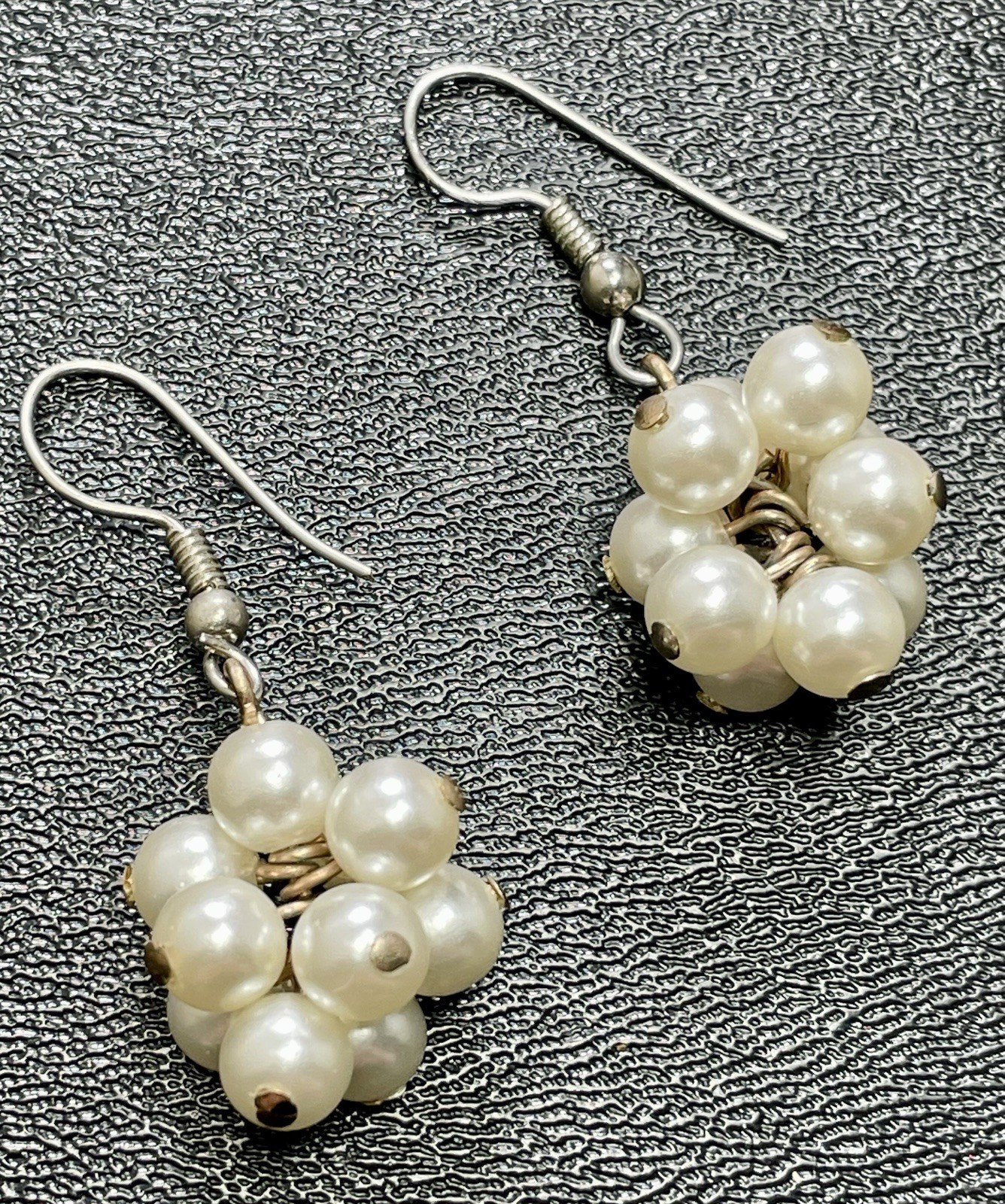 Vintage 1.5” Faux Pearl Cluster Beaded Dangle Earrings