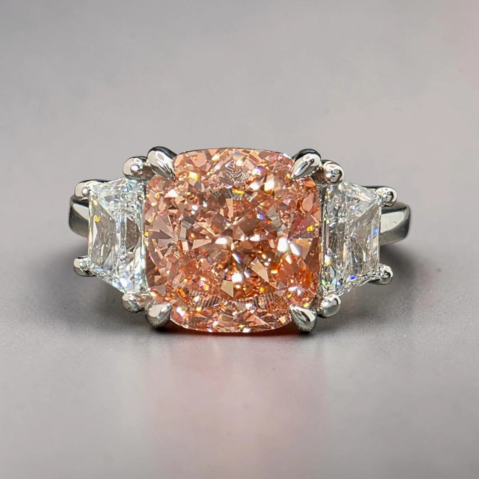 5.04 Ct Lab Grown Vivid Pink Diamond Ring Cushion Cut 3 Stone Ring White Gold