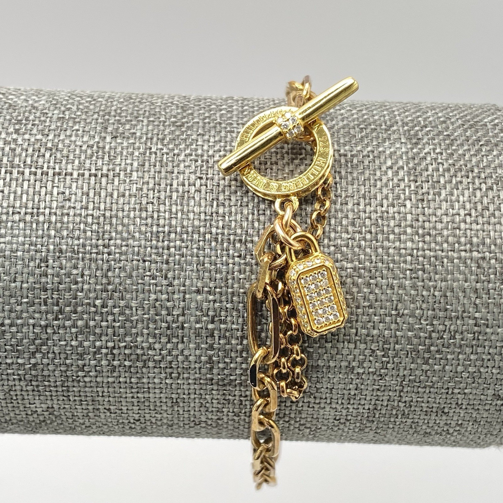 Hillberg & Berk Gemstone Bracelet 925 Gold Paper Clip Lock Charm Cubic Zirconia
