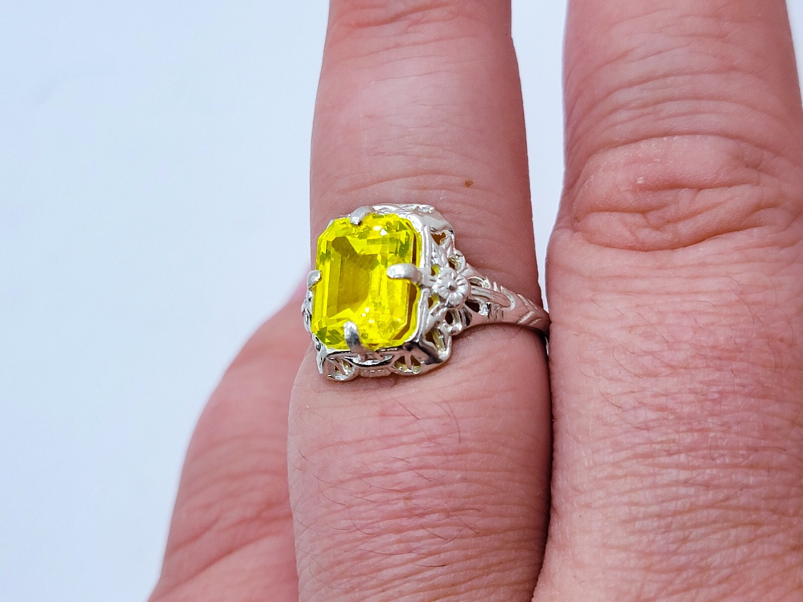 Sterling YAG Ring UV Yellow Yttrium Aluminum Garnet Emerald Cut Floral Filigree