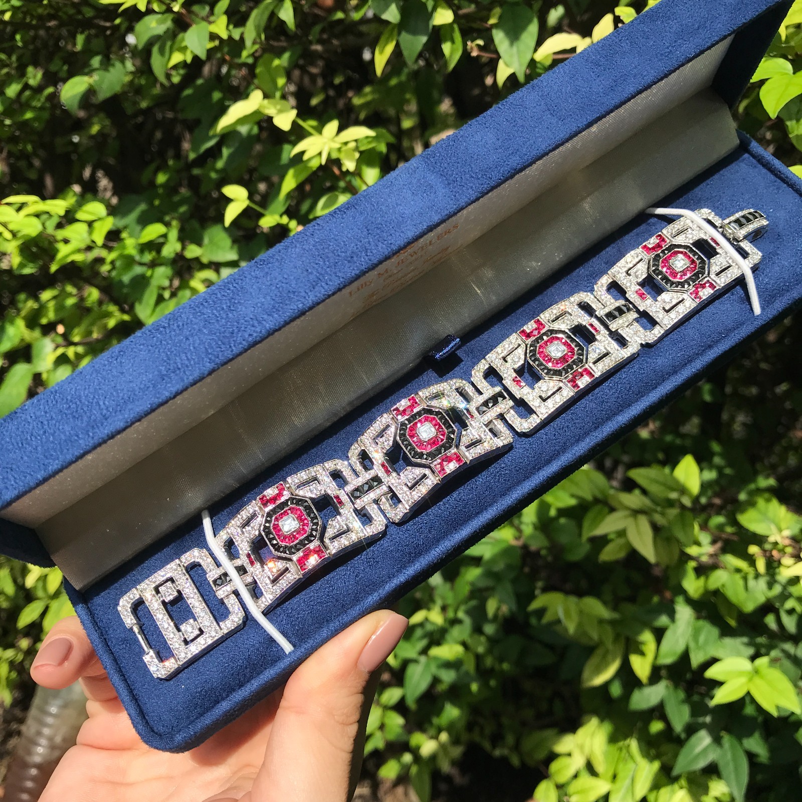 18K White Gold Diamond Ruby Onyx Art Deco Geometric Link Bracelet