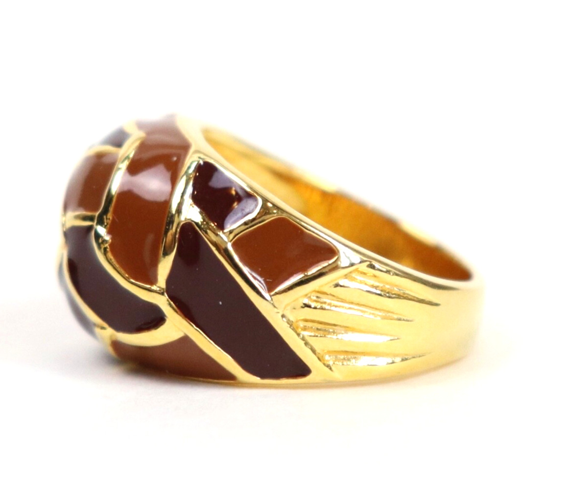 Gold Tone Enamel Statement Cocktail Geometric Ring Burnt Orange Brown Sz 7.5
