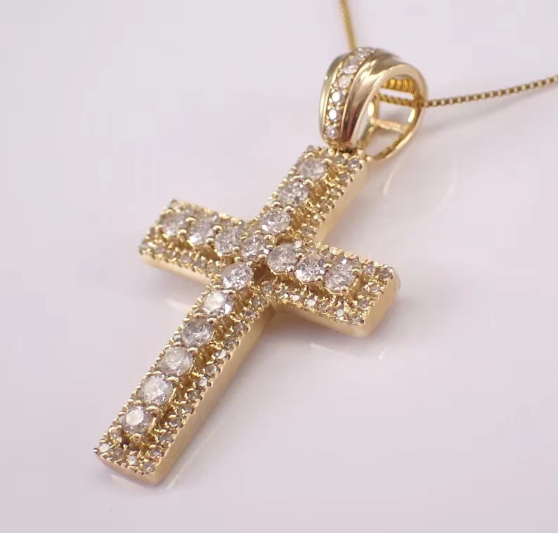 2.00Ct Round Good Cut Moissanite Cross Pendant 14K Yellow Gold Plated Silver