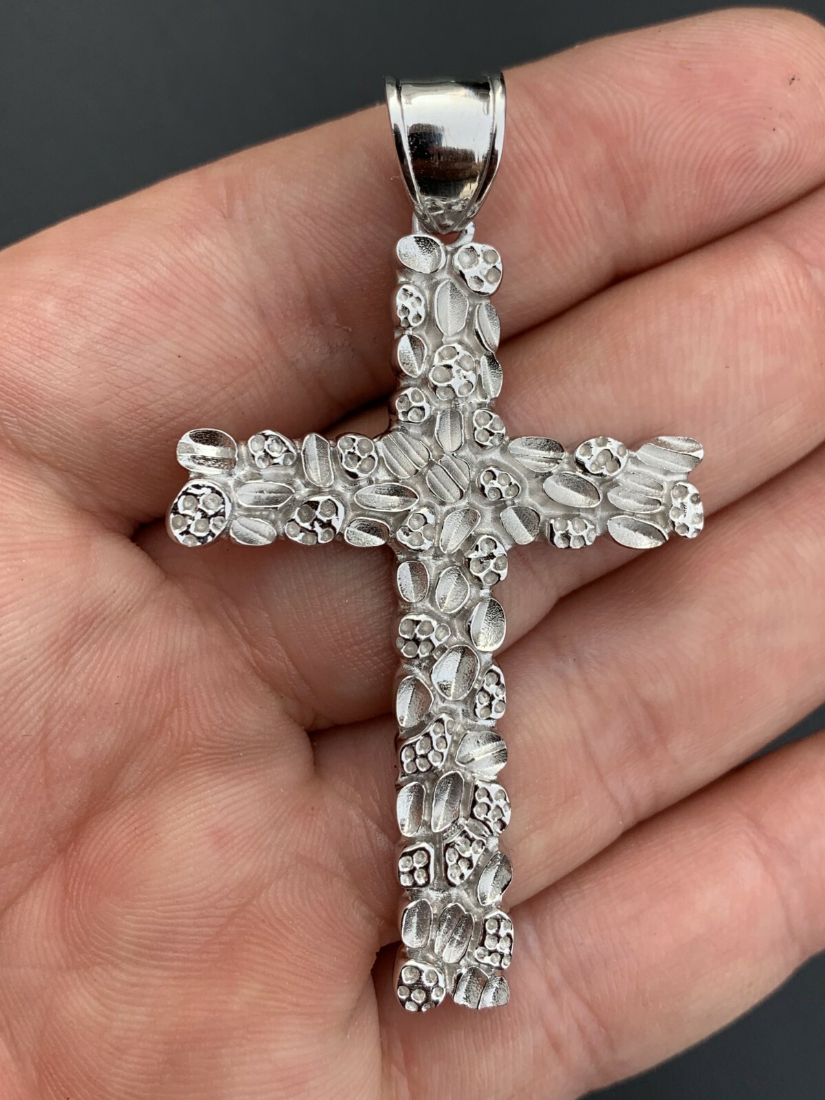 Mens Large 2.25″ Solid 925 Sterling Silver Nugget Cross Pendant Crucifix Chain