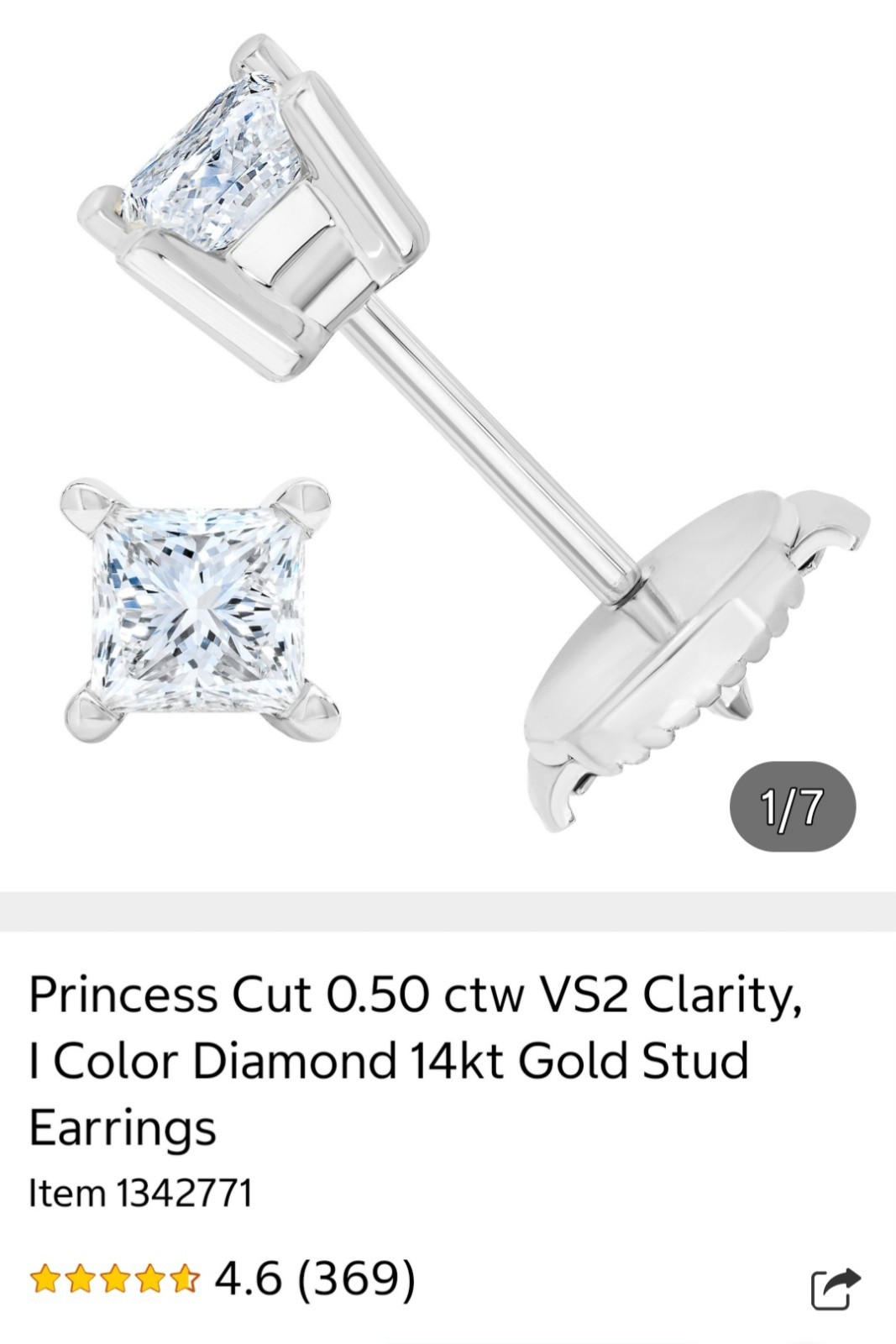 COSTCO (single) Princess Cut 0.25cw Diamond White Gold Stud Earring REPLACEMENT