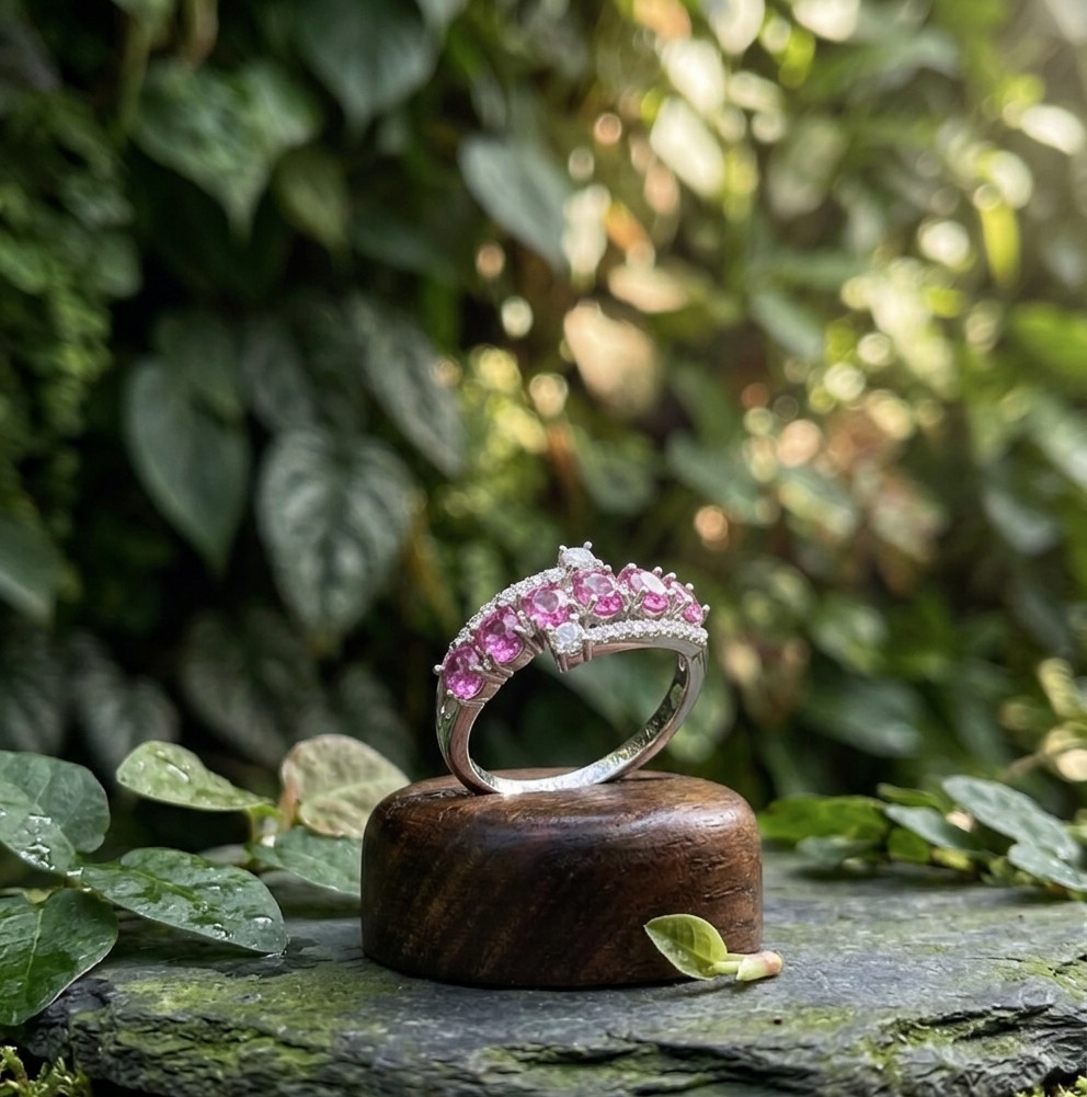 Round Natural Pink Sapphire & Diamond Birthday Band 14K White Gold( Import Free)