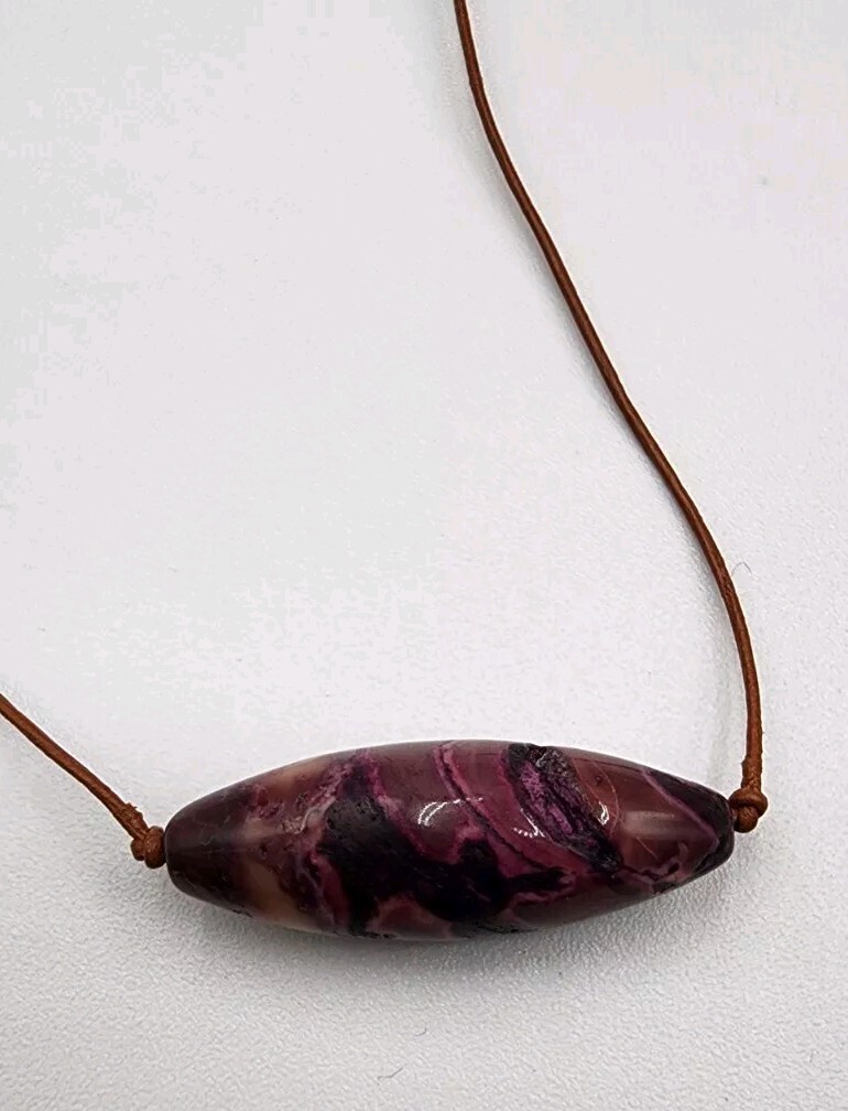 Purple Stone Baguette Pendant Necklace Leather Cord Boho Beachy Artisan Handmade