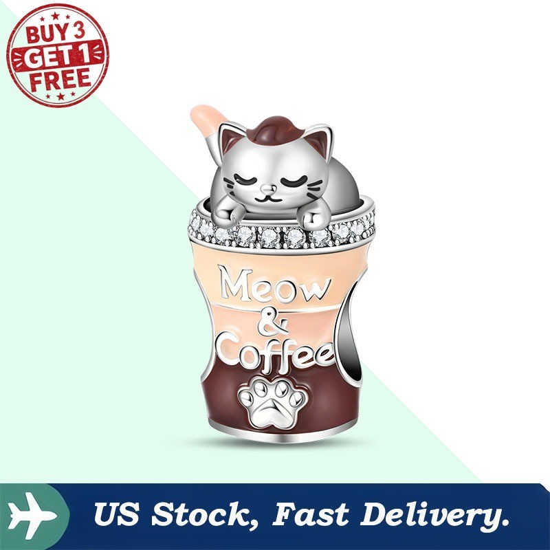KUNSIR Coffee Cup Cat Bead Charm for Bracelets, 925 Sterling Silver DIY Charms
