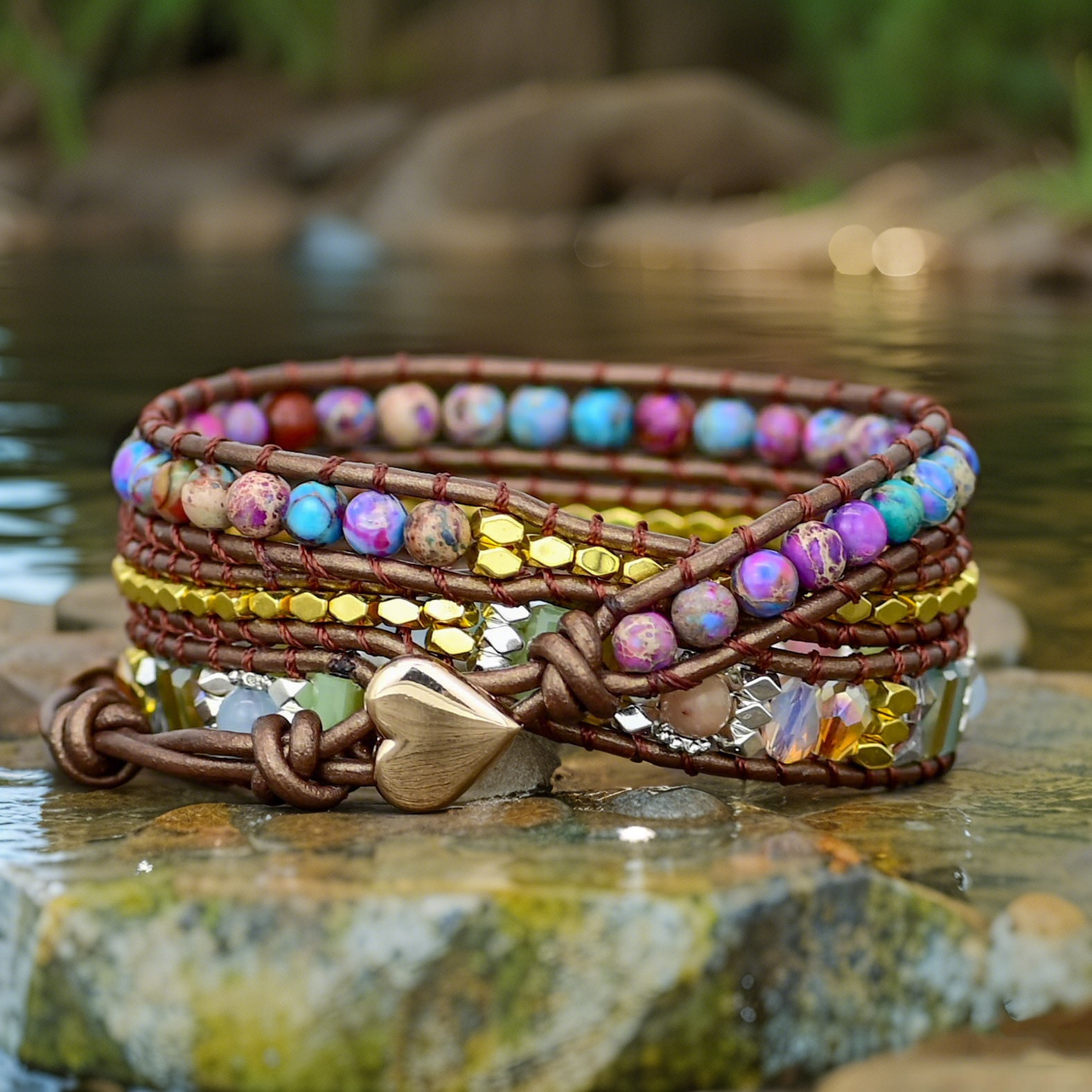 Natural Sea Sediment Jasper Leather Wrap Bracelet Handmade Beaded Cord Women’s