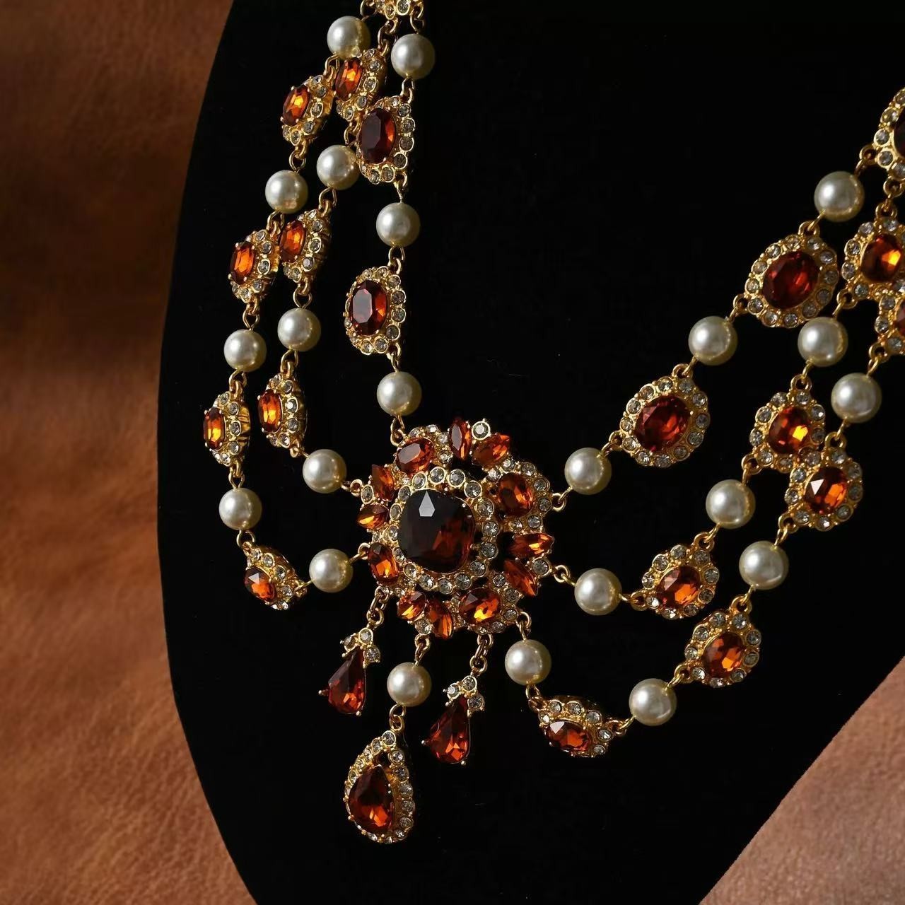 Vintage Baroque Pearl Garnet Necklace Set Gold Statement Jewelry Bridal Earrings