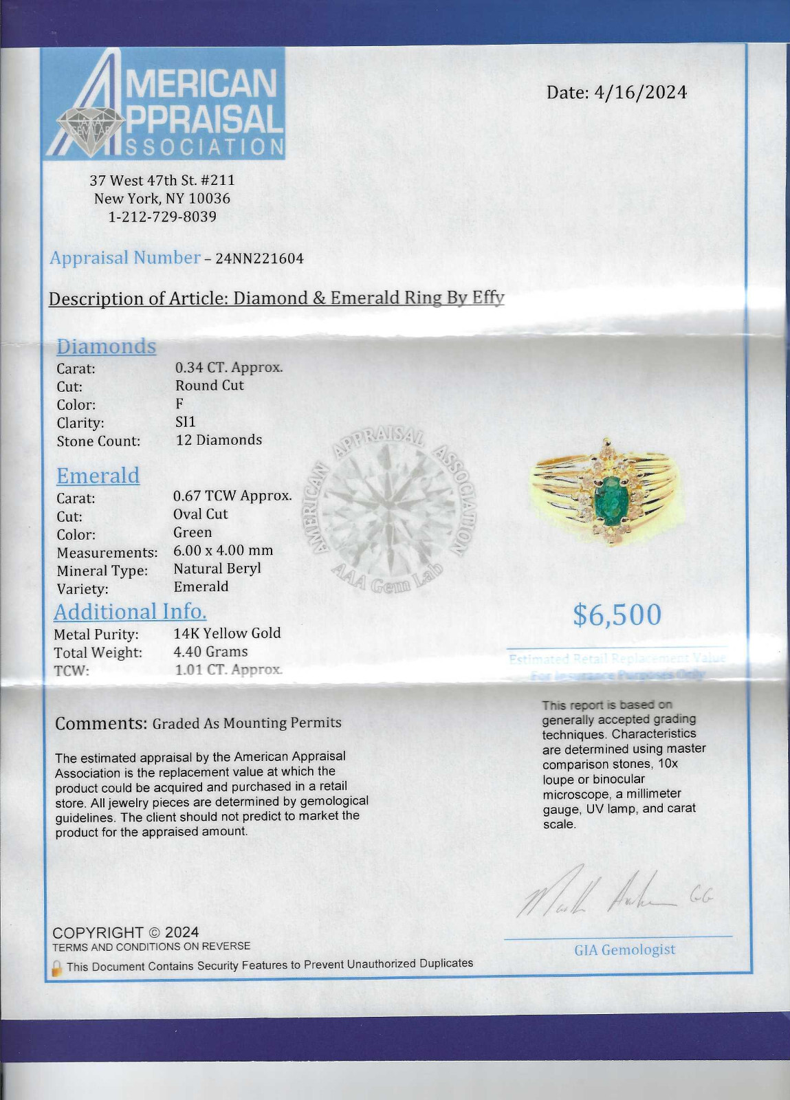 EFFY 14K Gold Diamond & Emerald Ring Diamond=.30 Carat 4.40 Gram Value=$6,500
