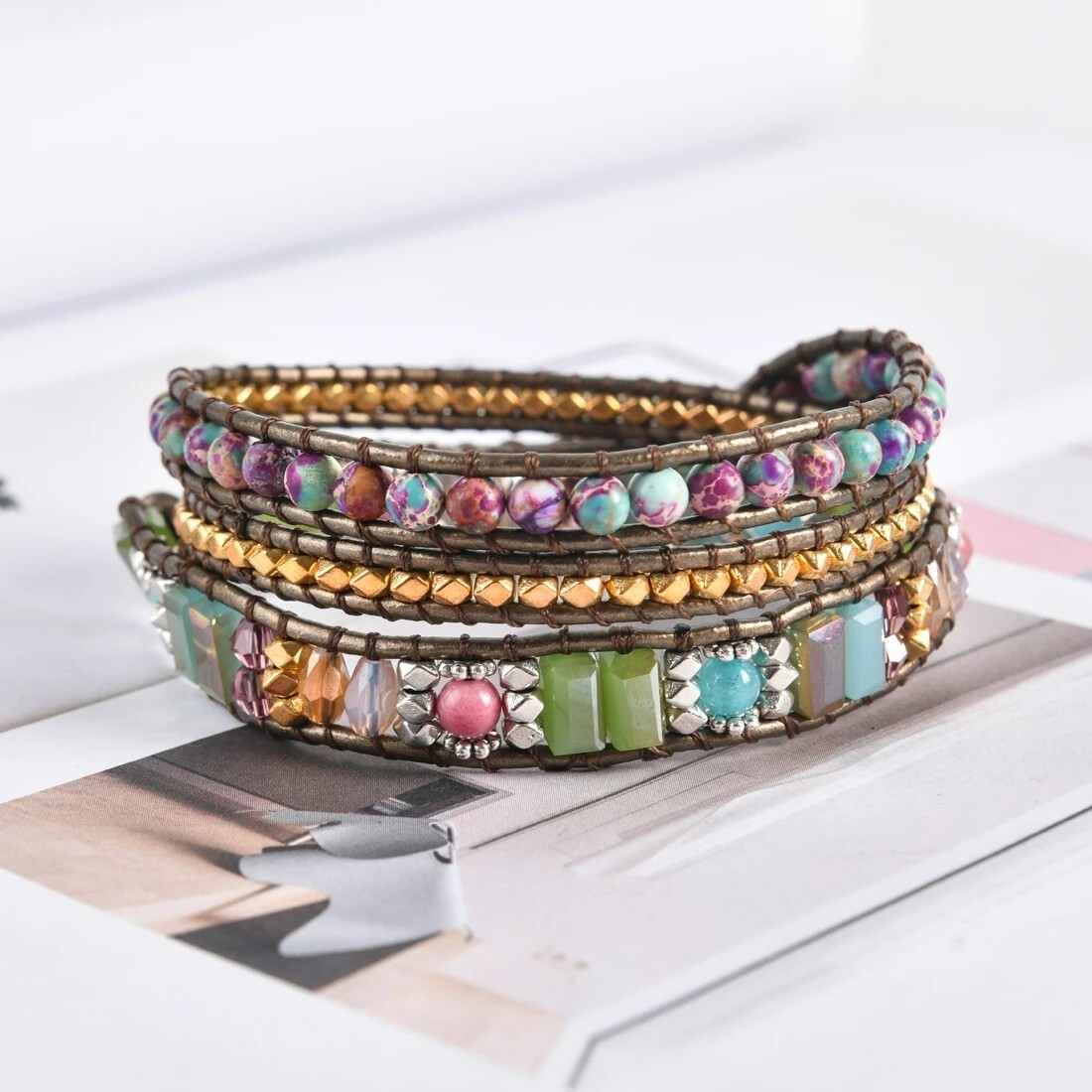 Boho Wrap Bracelet Colorful Vintage Sea Sediment Braid Healing Crystals Handmade