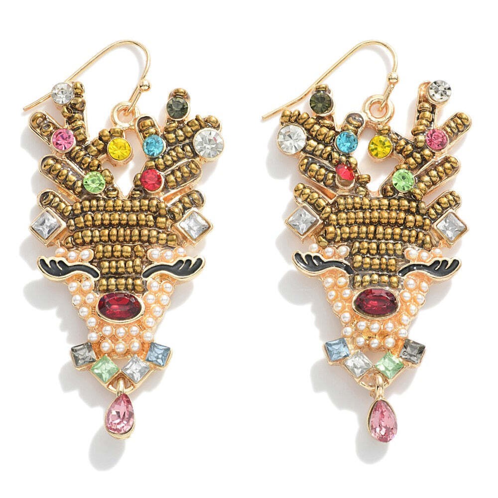 Christmas Reindeer Seed Bead Rhinestone Statement Earrings