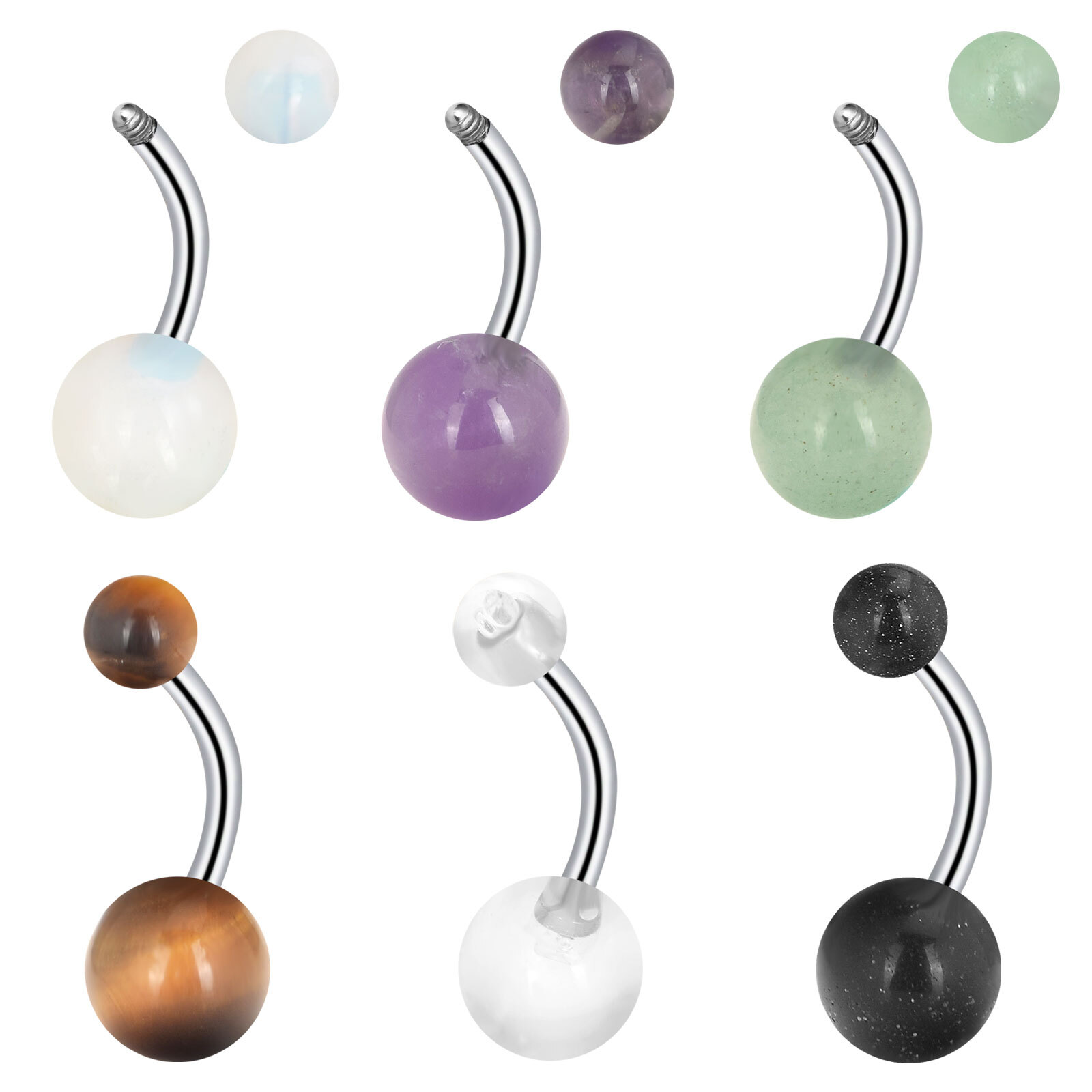 1PC 14G Surgical Steel Belly Button Ring Natural Stone Ball Navel Curved Barbell