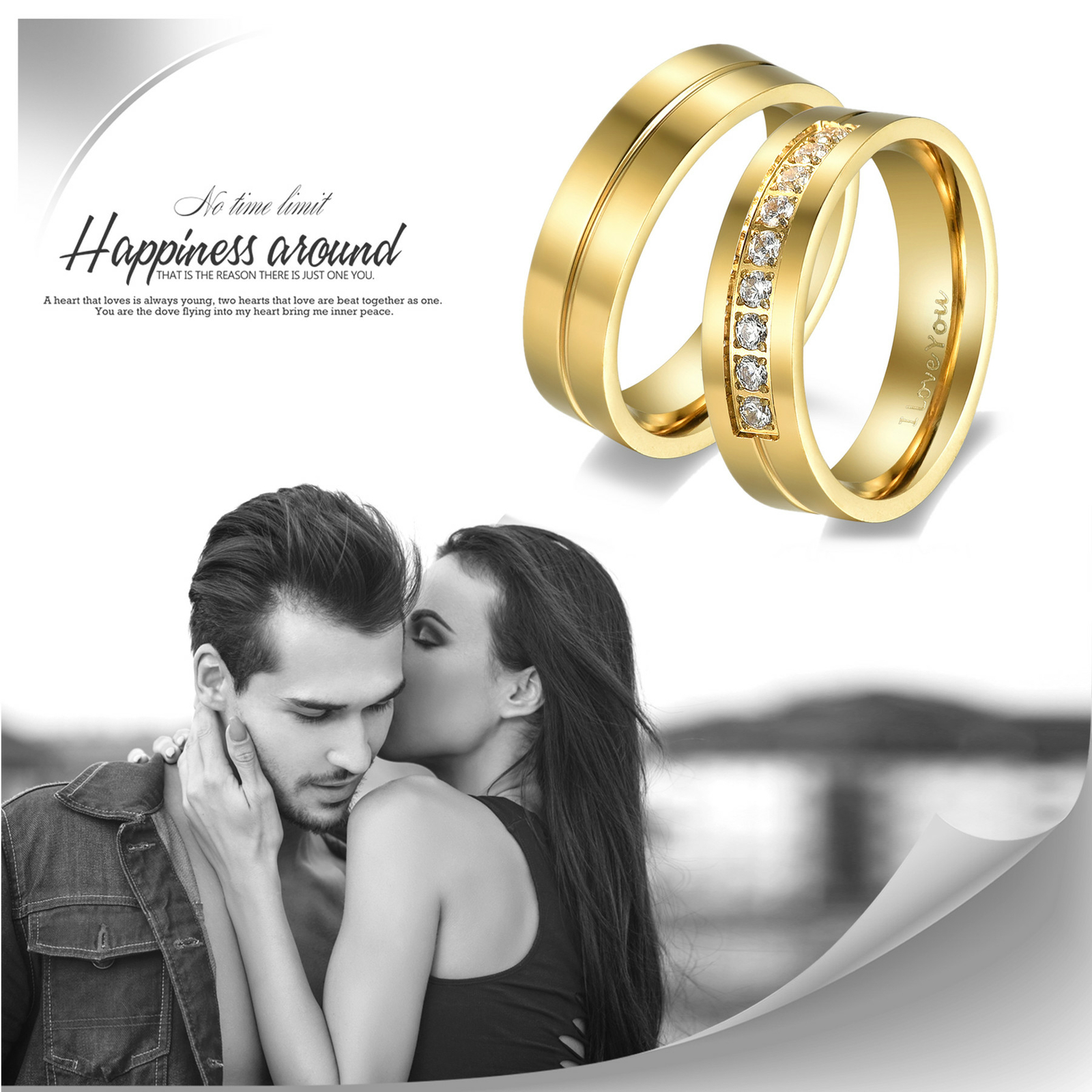 Couples Stainless Steel/Yellow Gold Plated CZ Ring I Love You Promise Band Gift
