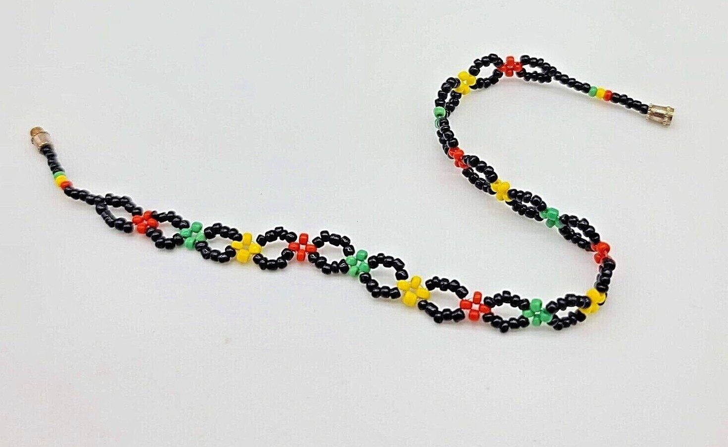 Black, Yellow, Red & Green Seed Bead Woven Anklet