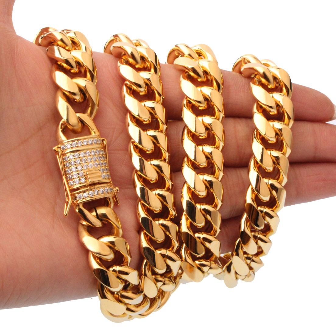 14 mm30in Men Cuban Miami Link Bracelet Chain Set 14k Gold Plated StainlessSteel