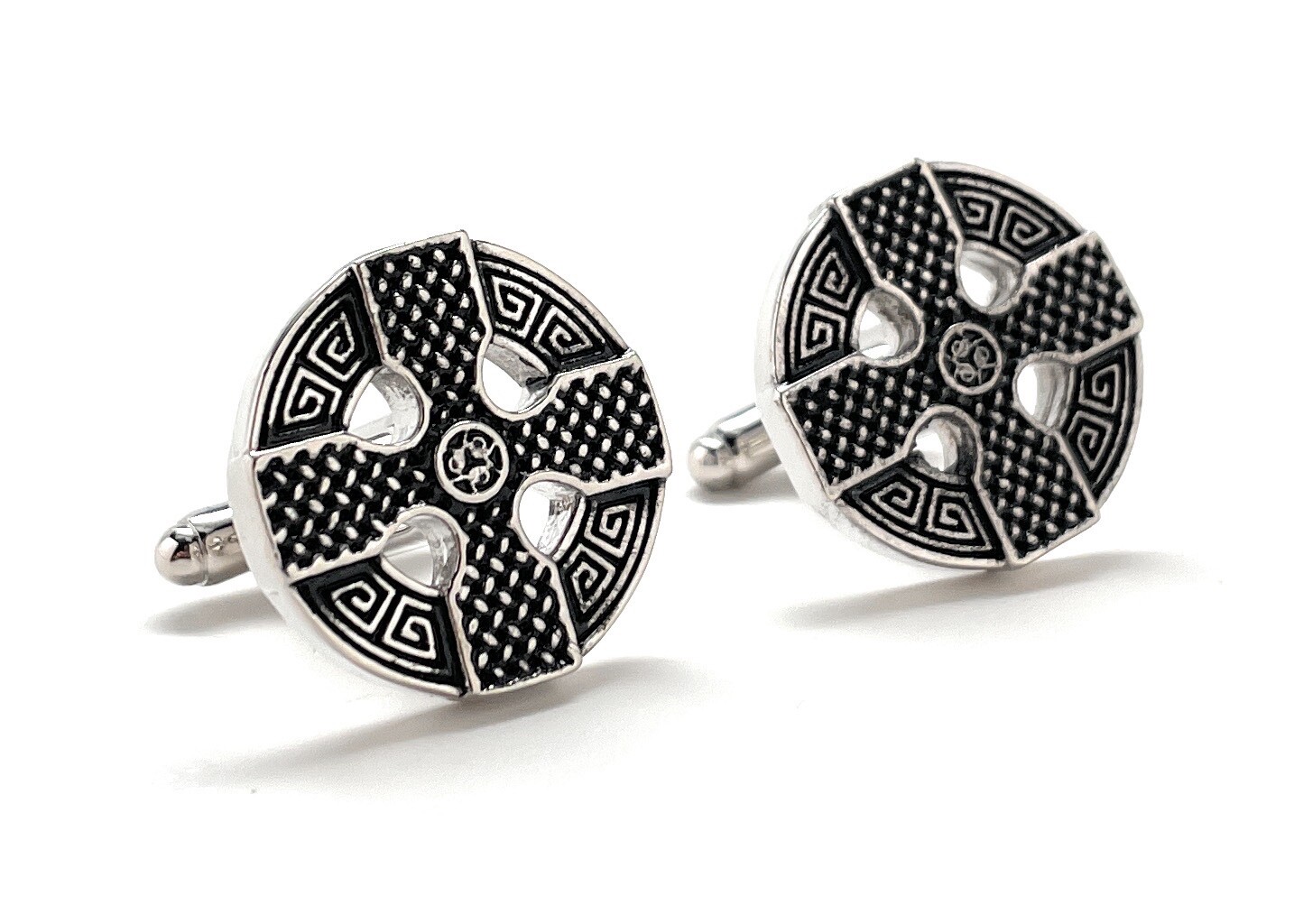 Celtic Cross Cufflinks Silver and Black Enamel Irish Cross Nimbus Cuff Links Wed
