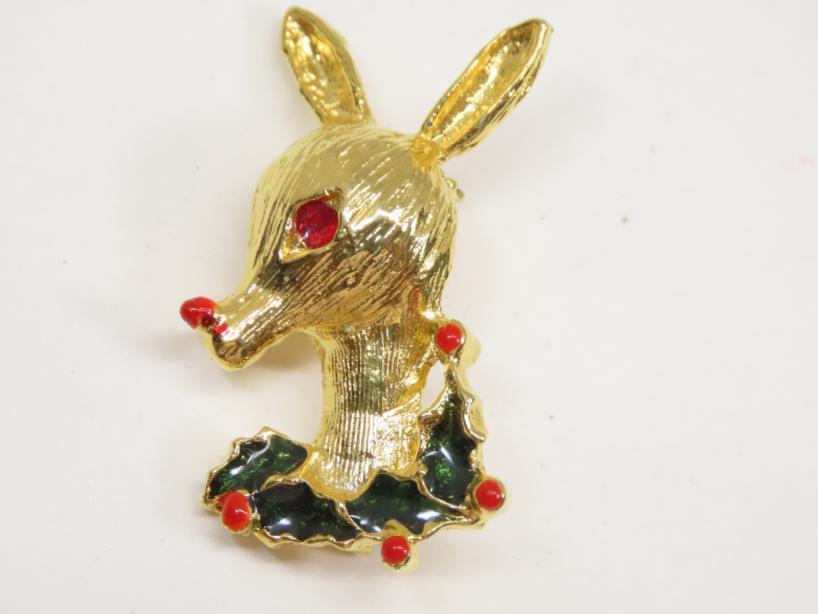 Rudolph Red Nosed Reindeer Brooch Pin Holly Berry Enamel Gold Tone Vintage D2922