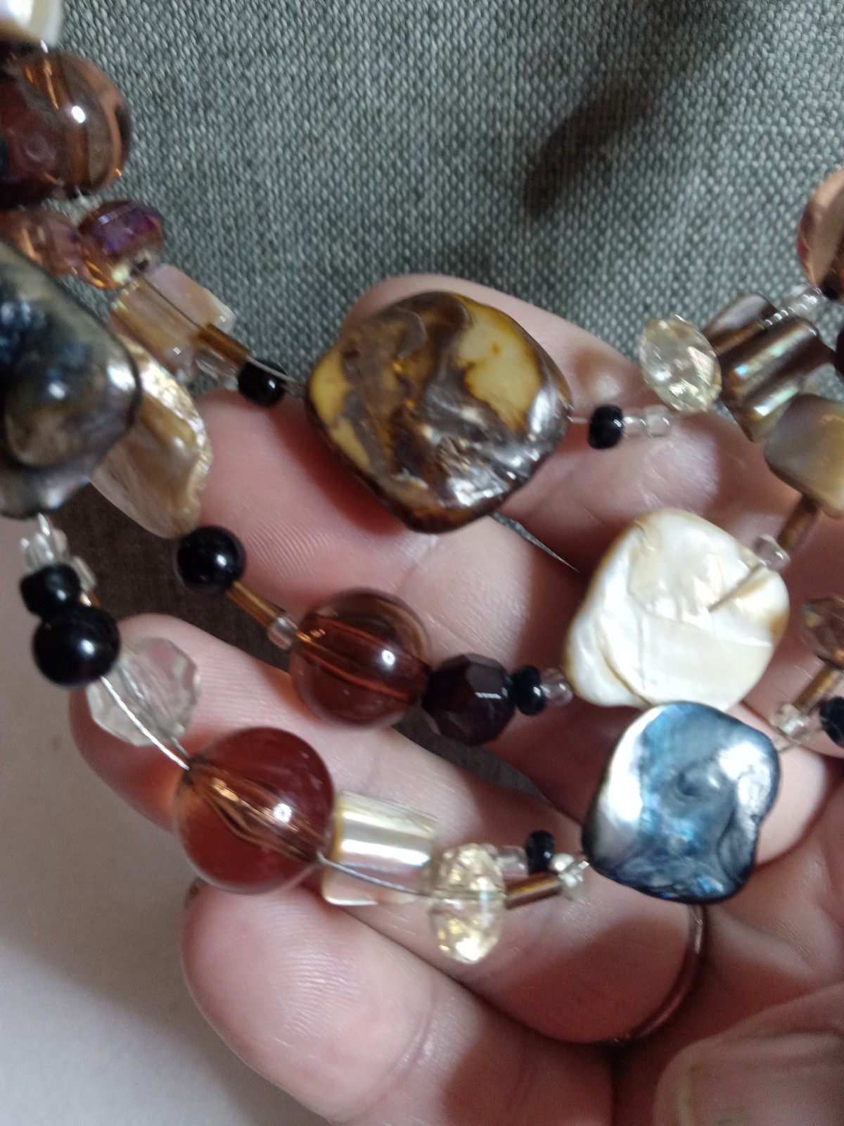 Classic Three Strand Multi- Brown Mix Bead Abalone Shell Necklace 20″ Long