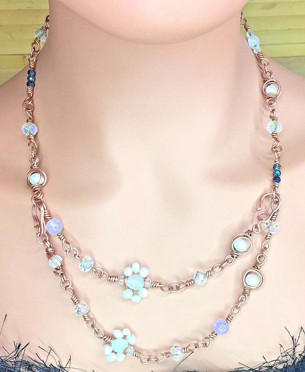 Artisan Long Necklace Pearls Moonstone Amethyst Beads, 4 Hook Wire Wrap Handmade