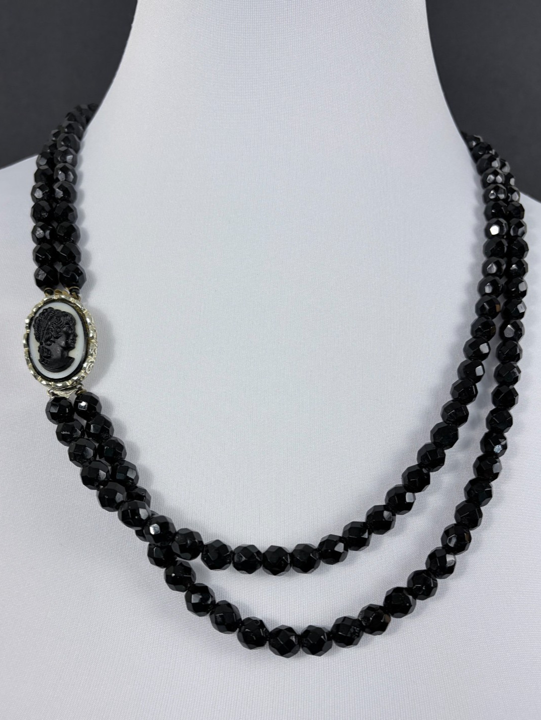 Black Glass Beaded Necklace Double Strand Cameo Clasp Art Deco French Jet Vtg
