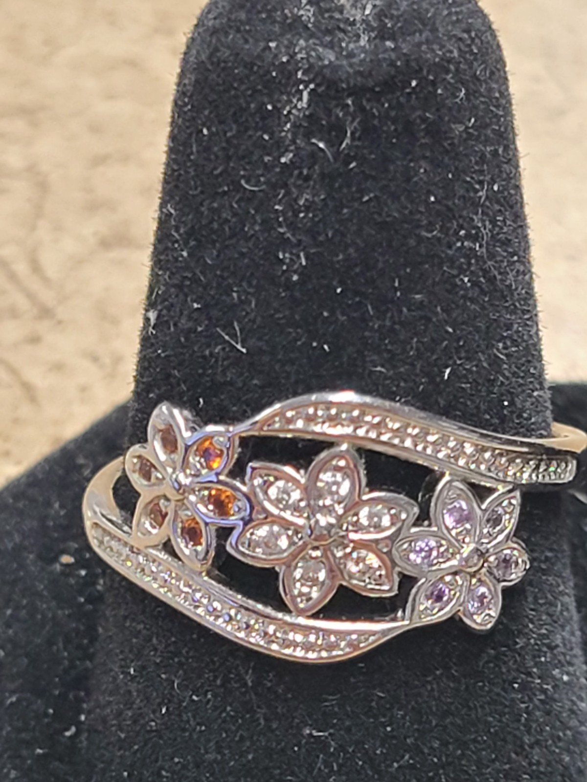 Sterling Silver Moissanite Triple Flower Ring Size 8.5