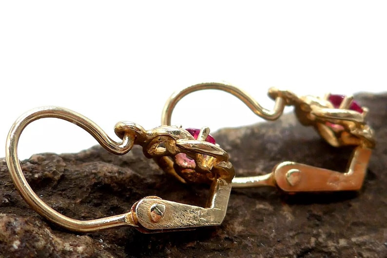 Ruby Zircon Gold Earrings, Dangle Earrings, 585 Yellow Gold