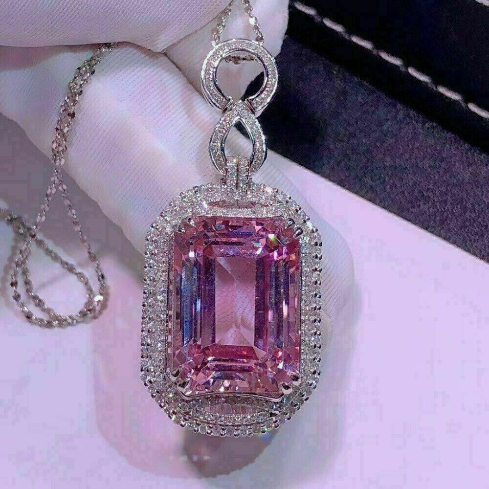 3Ct Emerald Cut Pink Sapphire Women’s Pendant 14K White Gold Over Free Chain