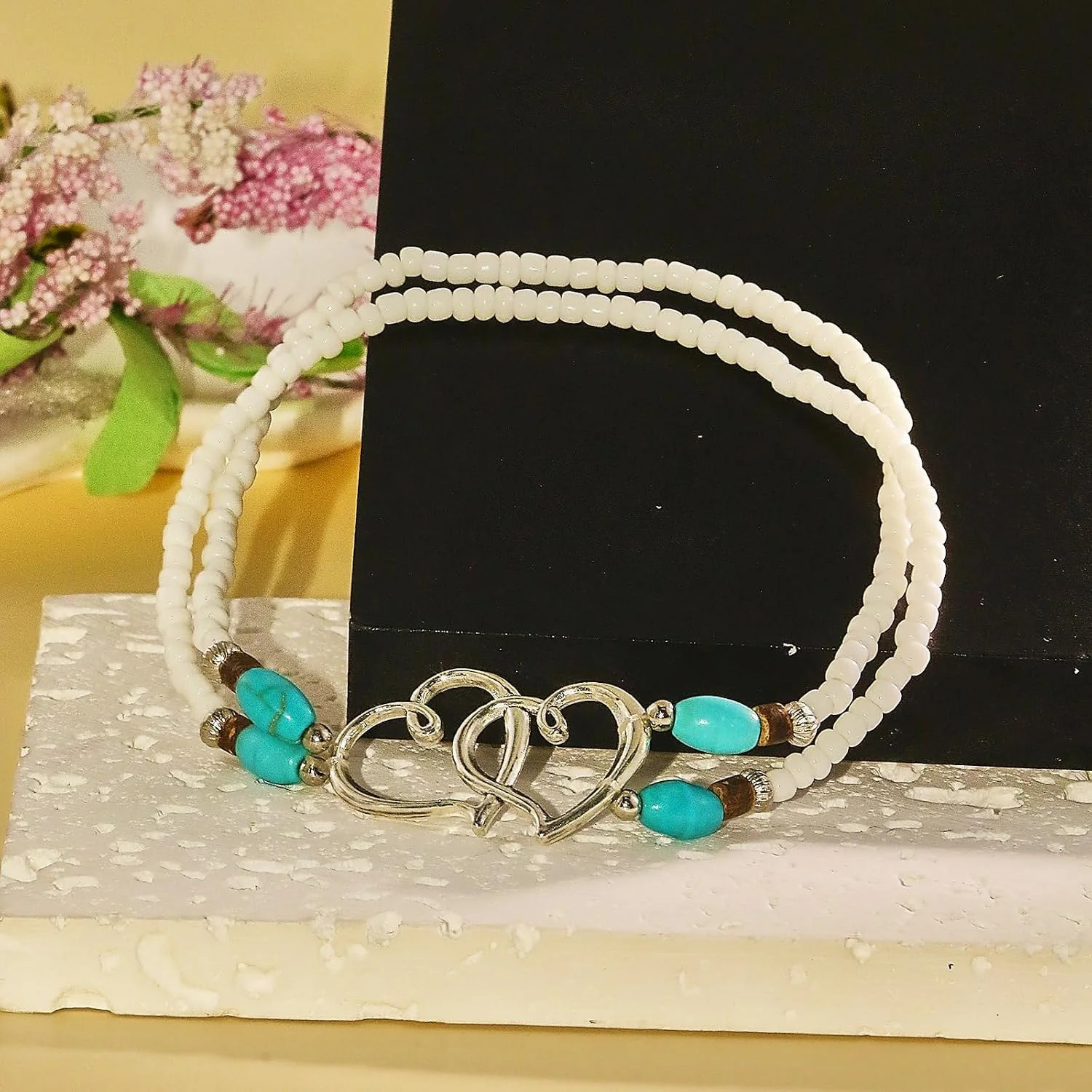 Elastic Beaded Ankle Bracelets for Women Double Heart Layered Stretch Ankle Brac