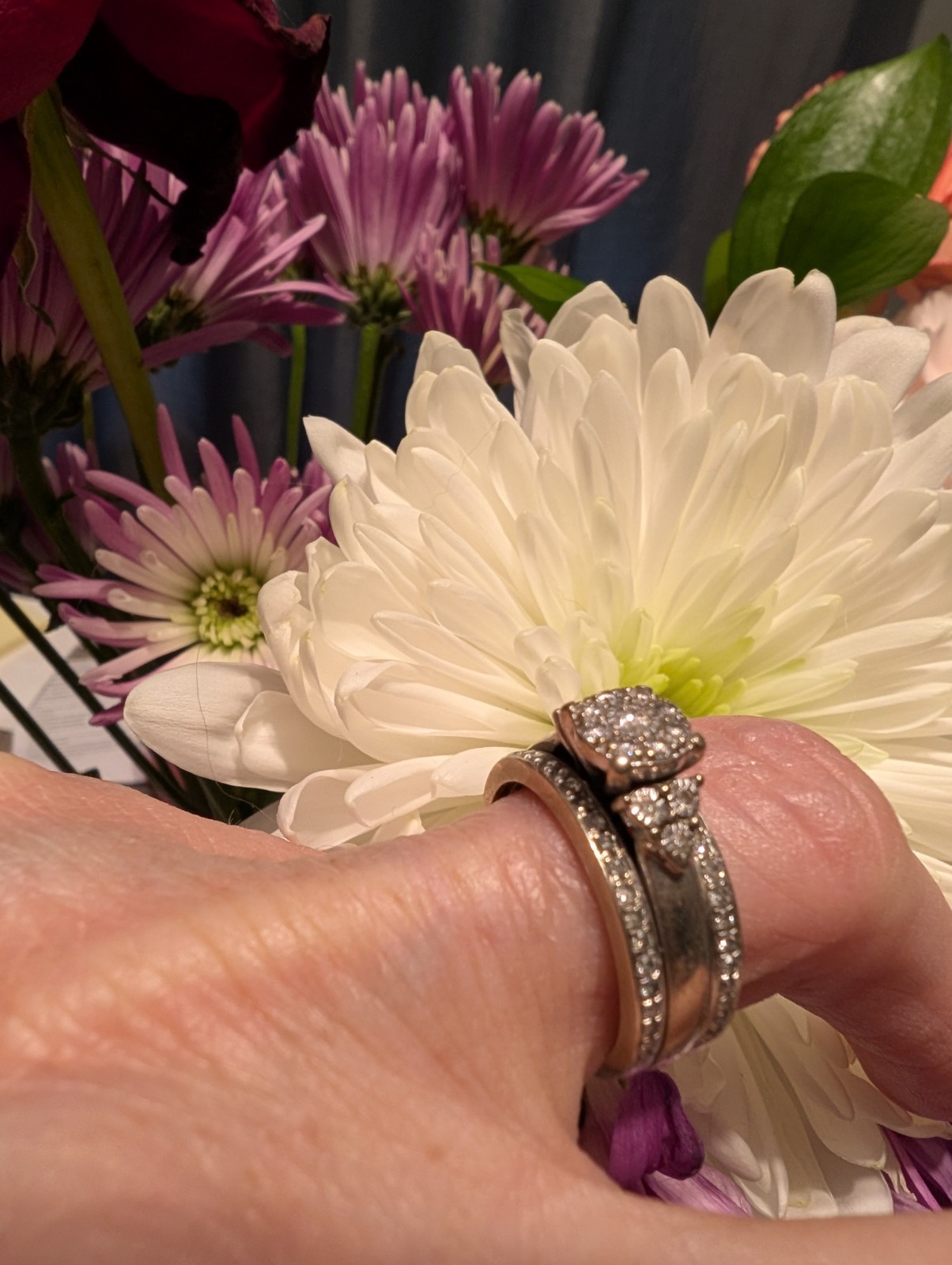 White Gold Diamond Cluster Engagement Wedding Ring Set, Round, Size 6