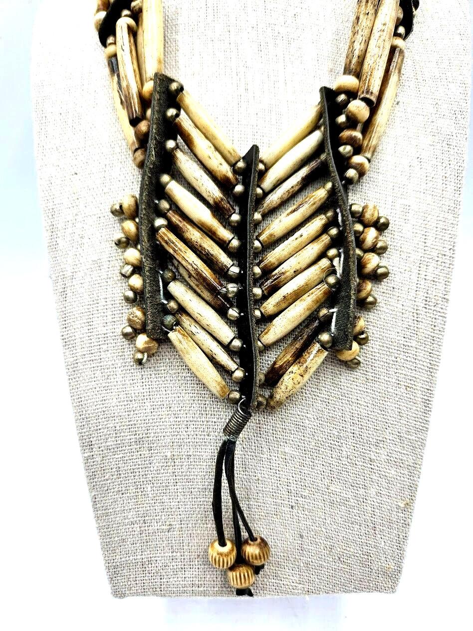 Buffalo Bone Necklace Layer Black Beige Hair Pipes Tribal Style Boho Ancient 25″