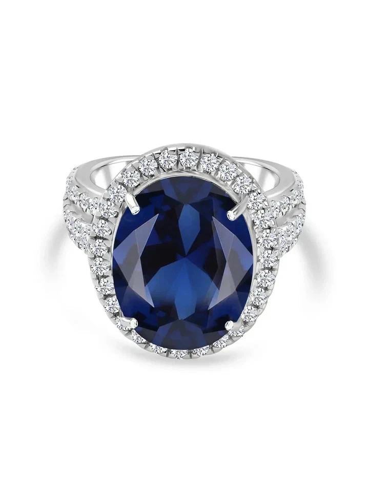 5.00Ct Oval Cut Natural Blue Sapphire Diamond Wedding Ring 14K White Gold Size 7