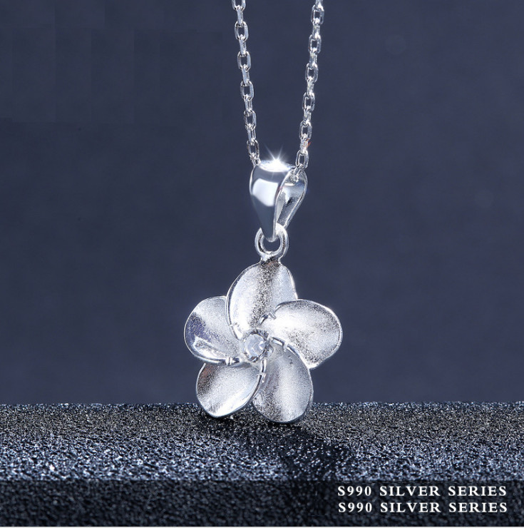 STERLING SILVER S990 HAWAIIAN PLUMERIA FLOWER CZ PENDANT NECKLACE 20x13MM B40