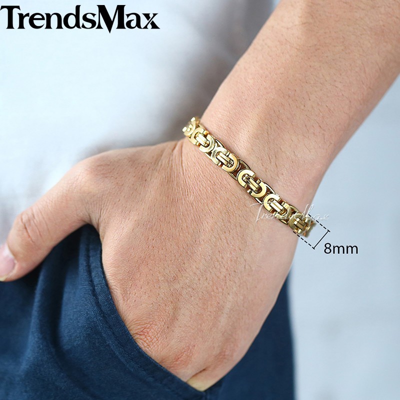 Black/Silver/Gold Plated Stainless Steel Flat Byzantine Chain Bracelet Mens Link