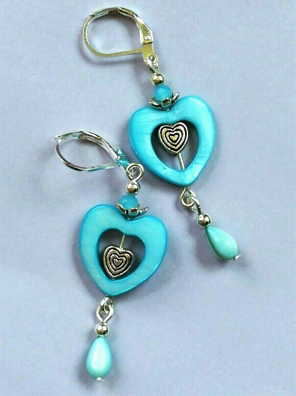 BLUE HEART SHELL dangle earring SP LEVERBACK artisan